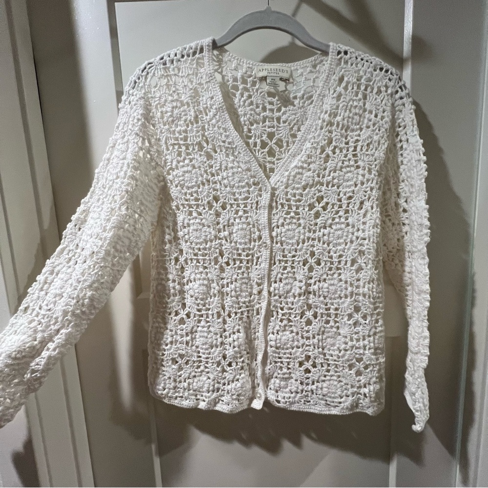 Boho Crochet Knit Cream Button-Front Cardigan Sweater Top - Picture 3 of 9